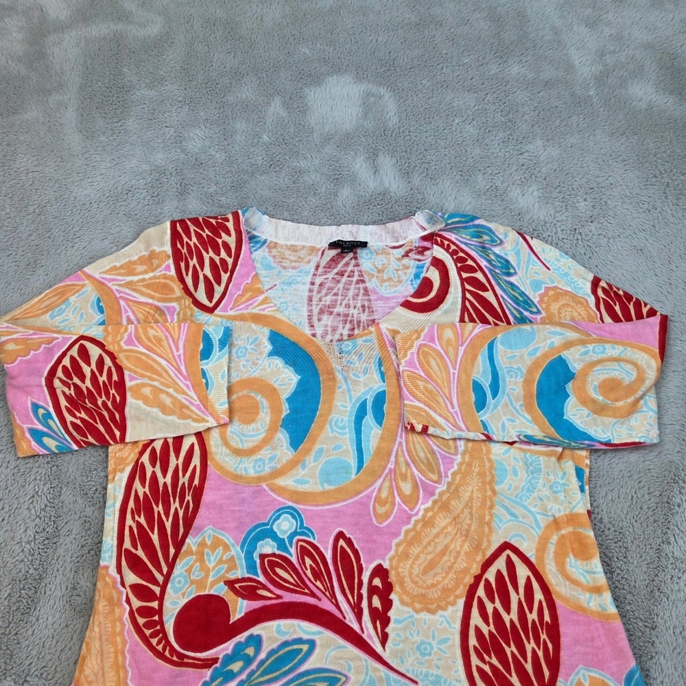 Talbots V-Neck Paisley Print 3/4 Sleeve Cotton Knit Sweater Womens Size SP Pink